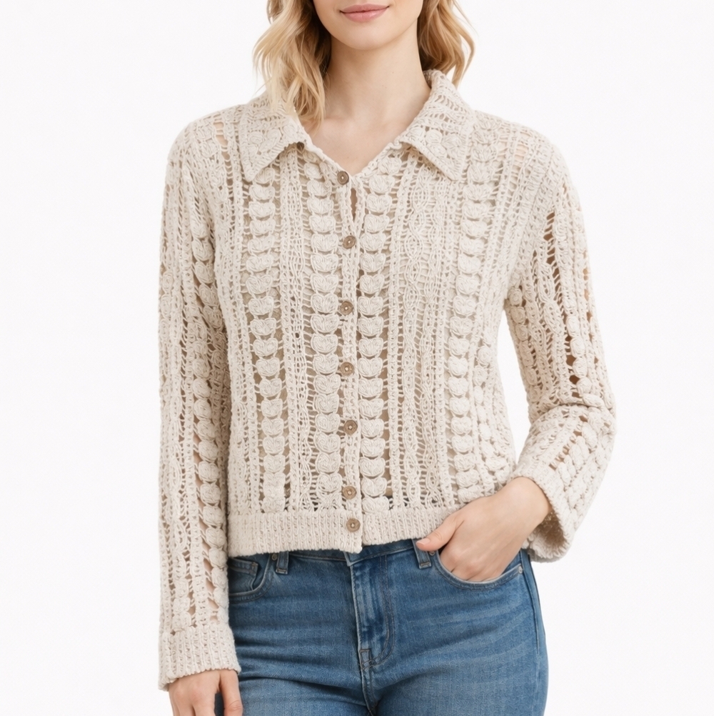 Rebellion Beige Knit Button Front Cotton Cardigan